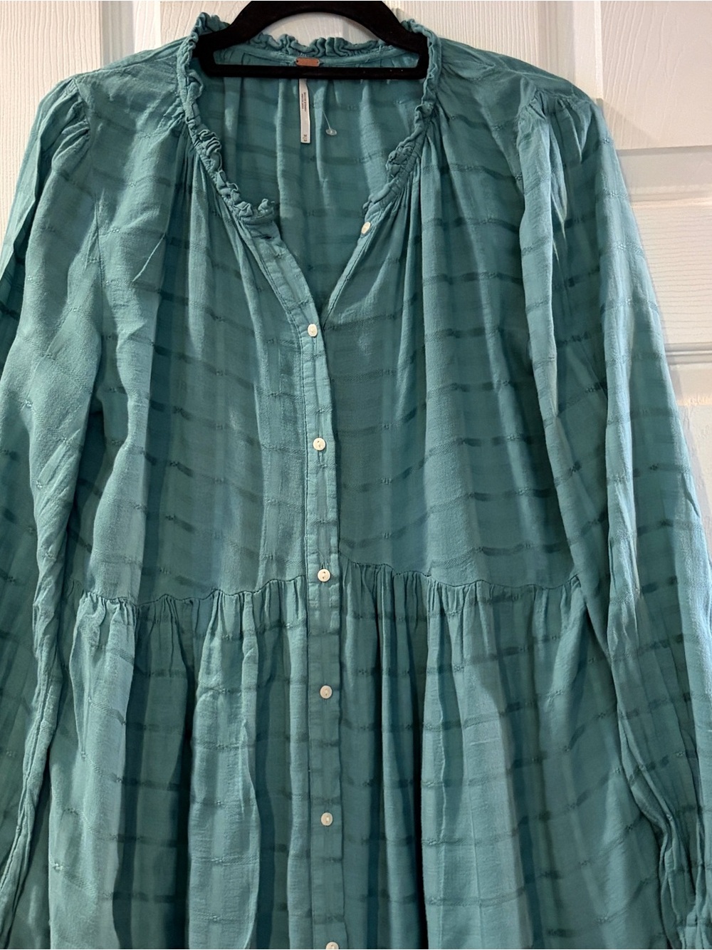 Free People Edie Maxi Dress M Turquoise Teal Plaid Tiered Button Front Duster - Picture 4 of 12